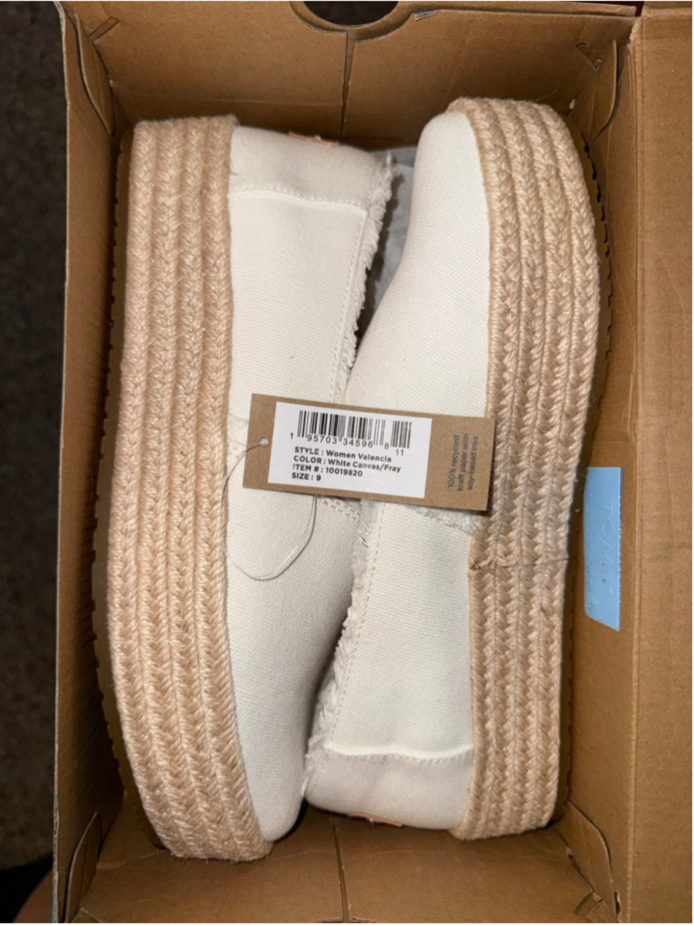 Women's TOMS Valencia Espadrilles Size 9 White Canvas Fray - Picture 2 of 4